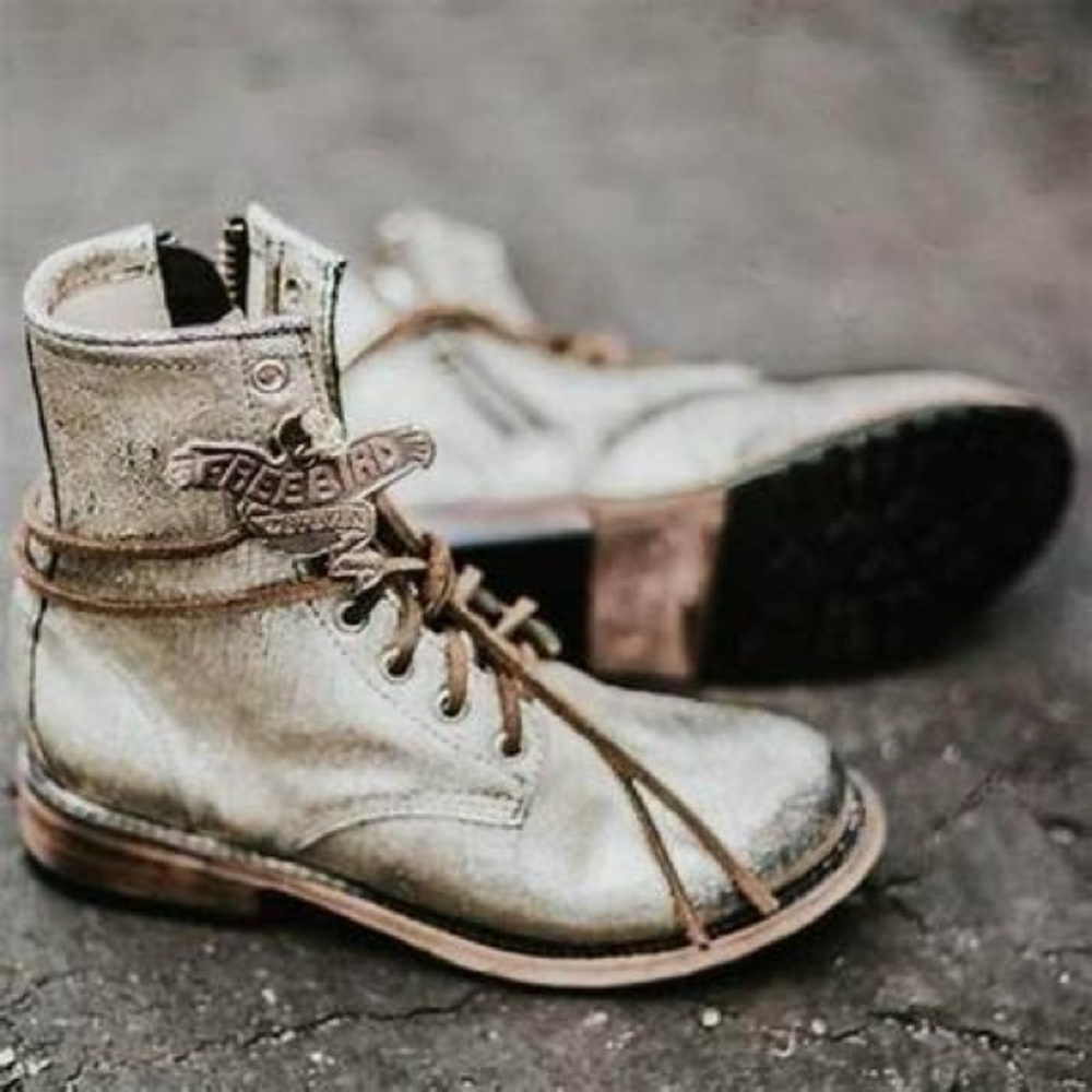 Freebird Manchester Flat Combat Boots in Distressed Silver - Picture 2 of 9